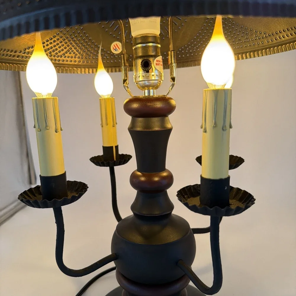 Cedar Creek Lamp W/Sturbridge Red Over Black & Kettle Black Punched Tin Shade